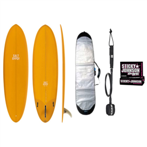 Salt Gypsy Surfboards Mid Tide Mustard Tint, Bag, Leash & Wax Pack Combo