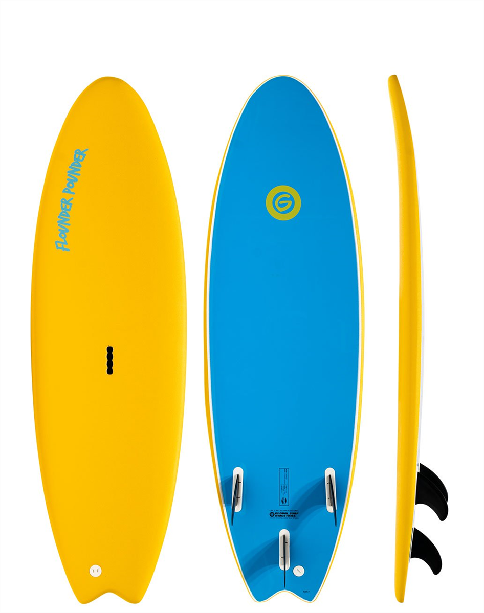 Gnaraloo Flounder Pounder Soft Surfboard, Yellow / Blue Underground Surf